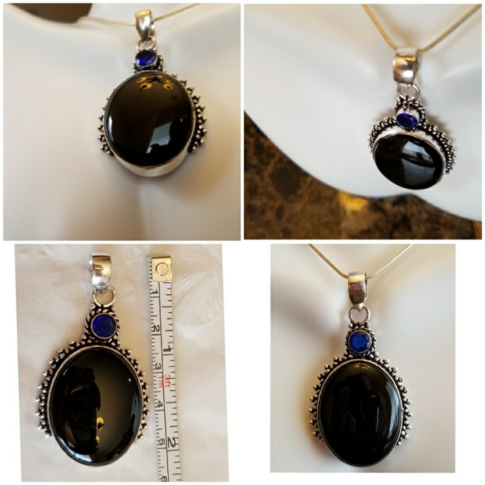 Genuine Beautiful Black Onyx and Sapphire Pendant - Picture 3 of 4